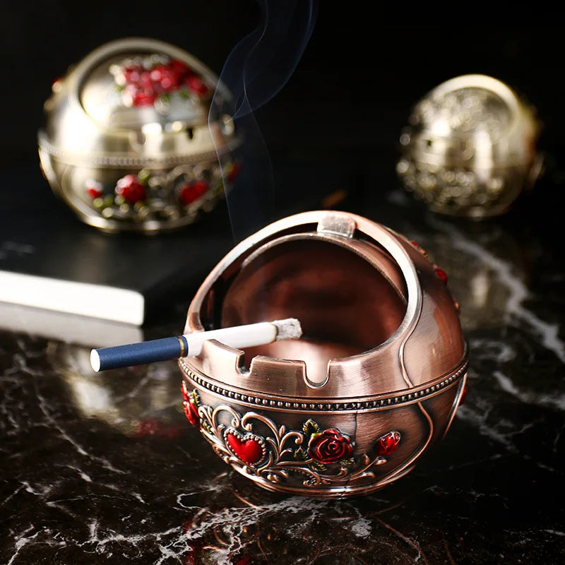 Retro Home Ashtray Creative Personality with Cover Metal Multi-function Office Living Room Anti-flying Ash Decoration Gift