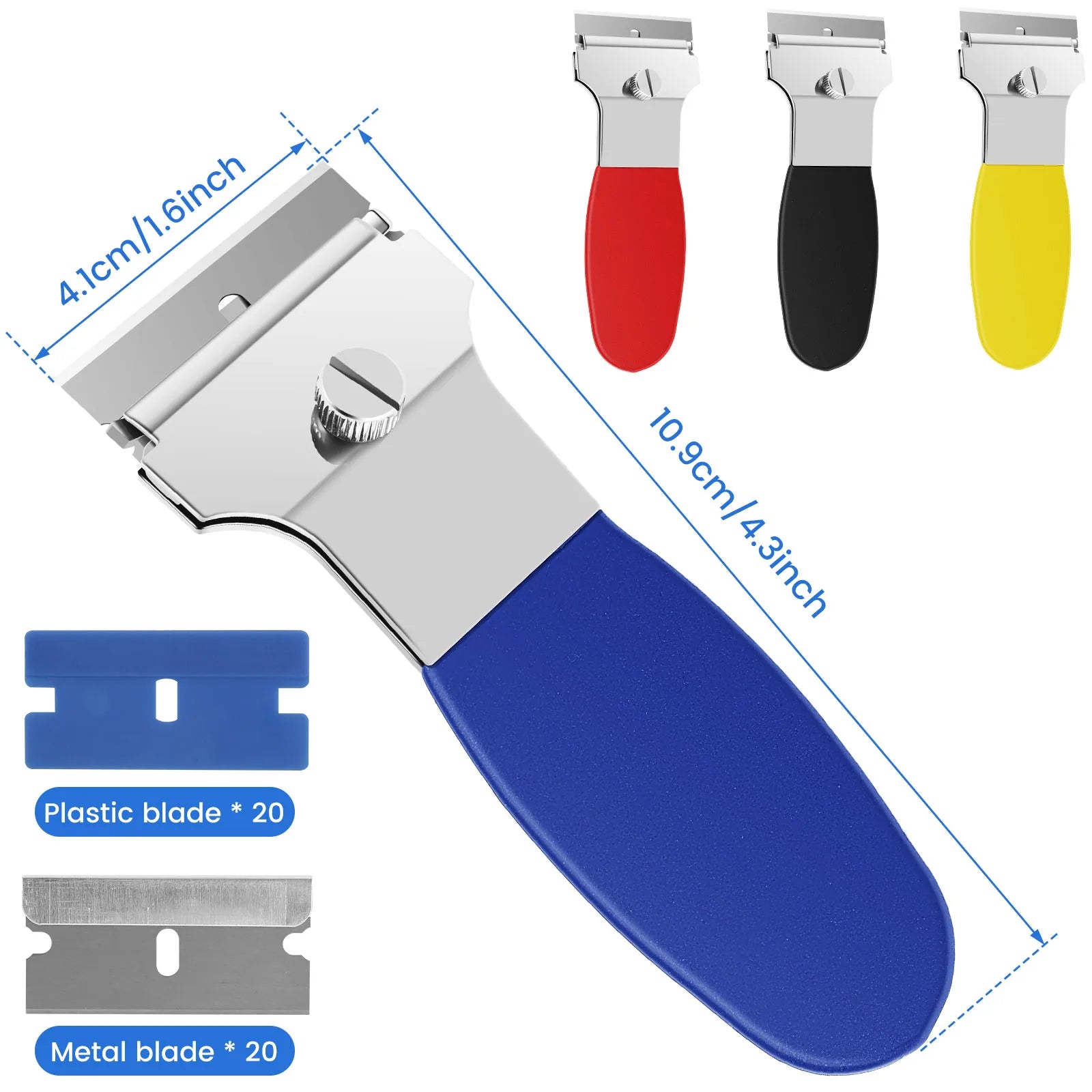 4Pcs Razor Blade Scraper Set 4inch Multi-Purpose Scraper Cleaning Tool with 20 Metal and 20 Plastic Blades Cleaning Remover Tool